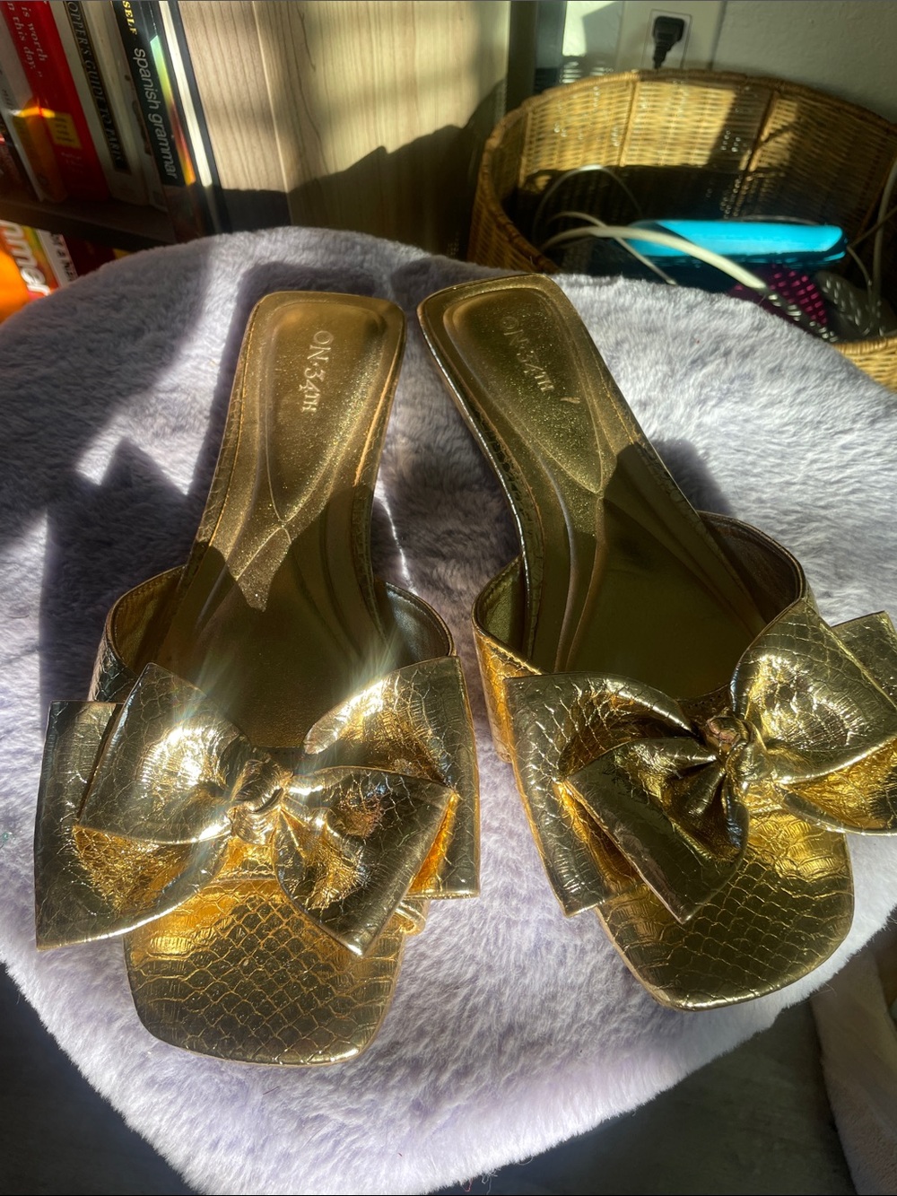 Gold Bow Slip-On Sandals for Women